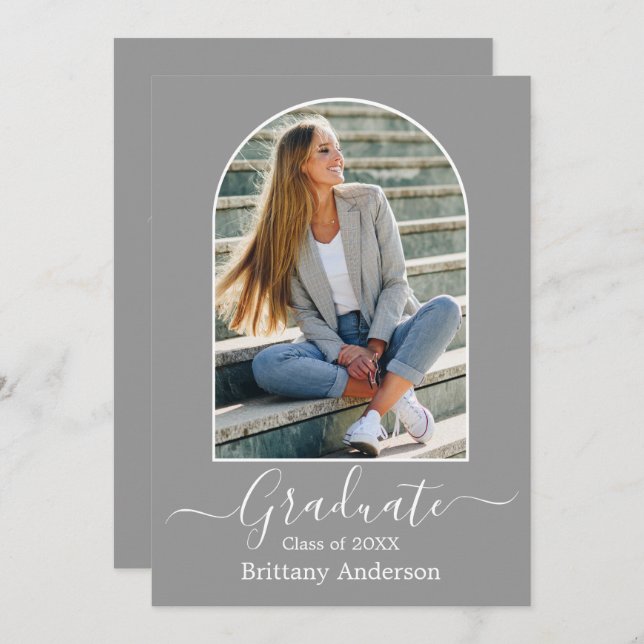 Modern Arch Calligraphy Gray Graduation Party Invitation (Front/Back)