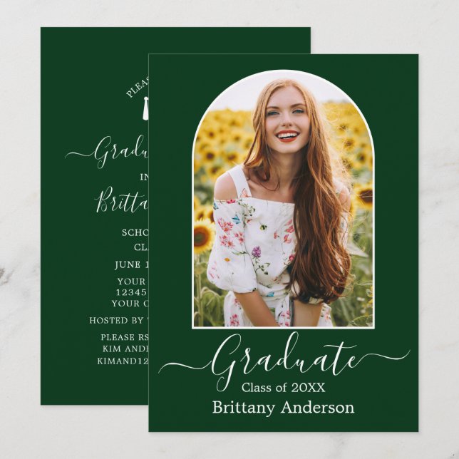 Modern Arch Calligraphy Green Graduation Party Invitation (Front/Back)