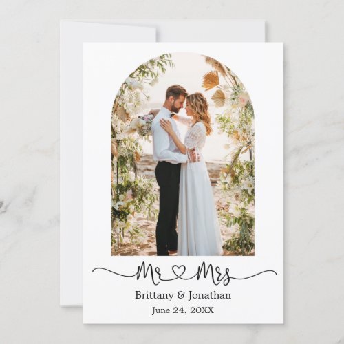Modern Arch Calligraphy Heart Mr and Mrs Wedding Thank You Card