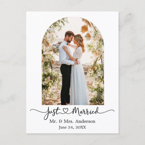 Modern Arch Calligraphy Heart Photo Just Married Postcard
