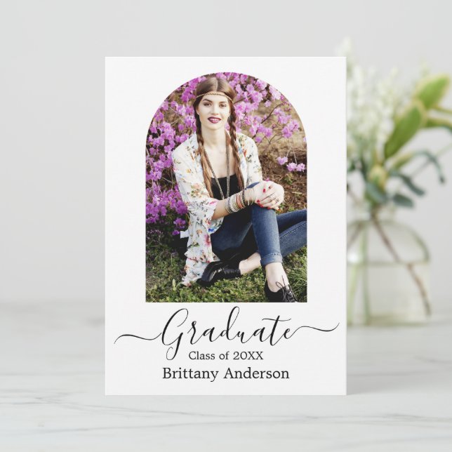 Modern Arch Calligraphy Photo Graduation Announcement (Standing Front)