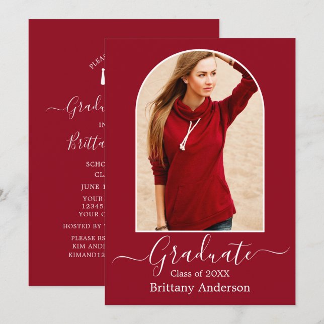 Modern Arch Calligraphy Red Graduation Party Invitation (Front/Back)