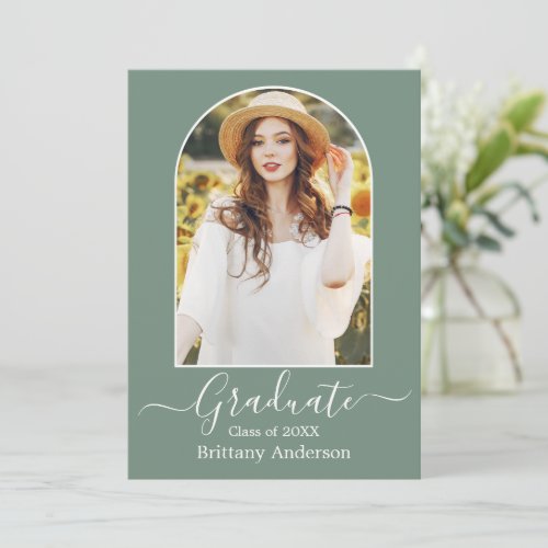 Modern Arch Calligraphy Sage Green Graduation Announcement