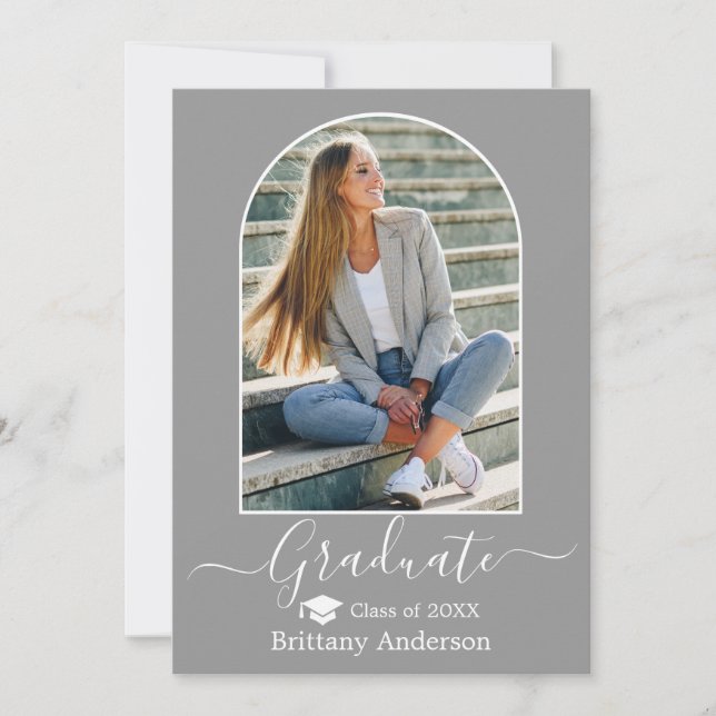 Modern Arch Cap Calligraphy Gray Graduation Announcement (Front)