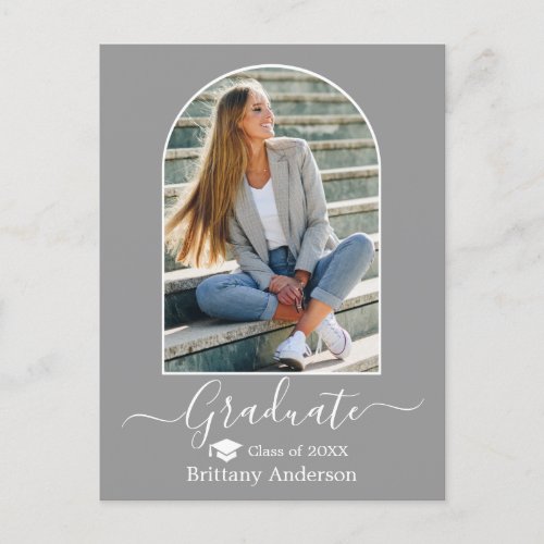 Modern Arch Cap Calligraphy Gray Graduation Postcard