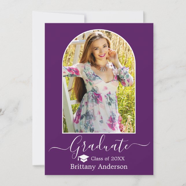 Modern Arch Cap Calligraphy Purple Graduation Announcement (Front)