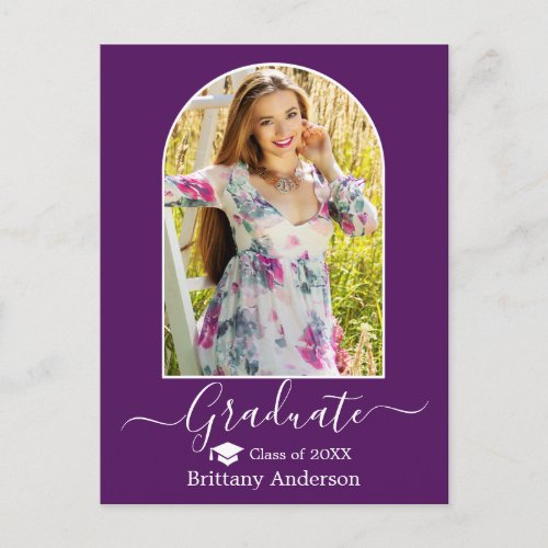 Modern Arch Cap Calligraphy Purple Graduation Postcard