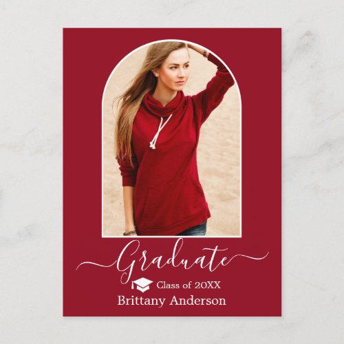 Modern Arch Cap Calligraphy Red Graduation Postcard