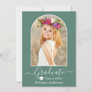 Modern Arch Cap Eucalyptus Green Graduation Announcement