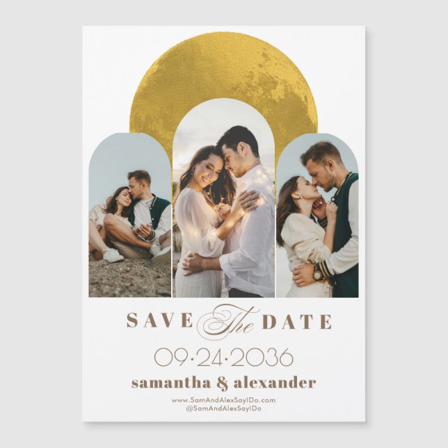 Modern Arch Celestial Moon 3 Photo Save The Date Magnetic Invitation (Front)