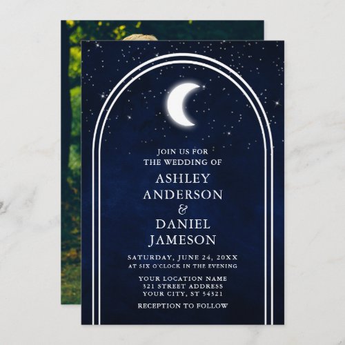 Modern Arch Celestial Moon Stars Photo Wedding Invitation