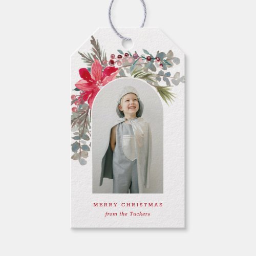 Modern Arch Christmas Watercolor Floral Photo Gift Tags