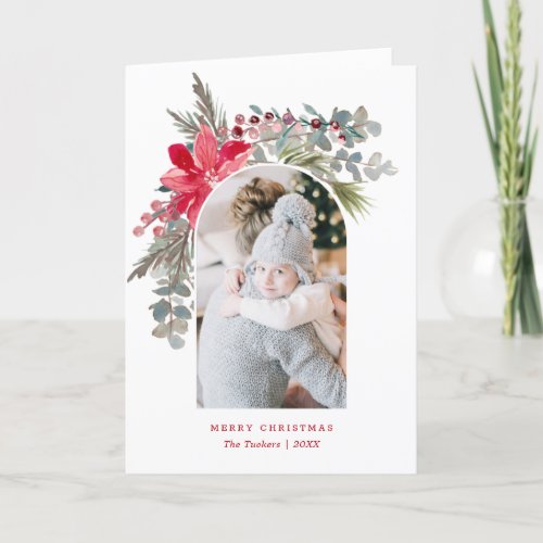 Modern Arch Christmas Watercolor Floral Photo Holiday Card