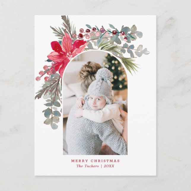 Modern Arch Christmas Watercolor Floral Photo Postcard (Front)