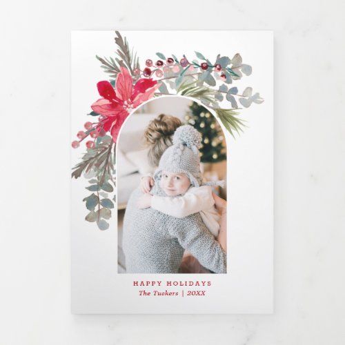 Modern Arch Christmas Watercolor Floral Photo Tri_Fold Card