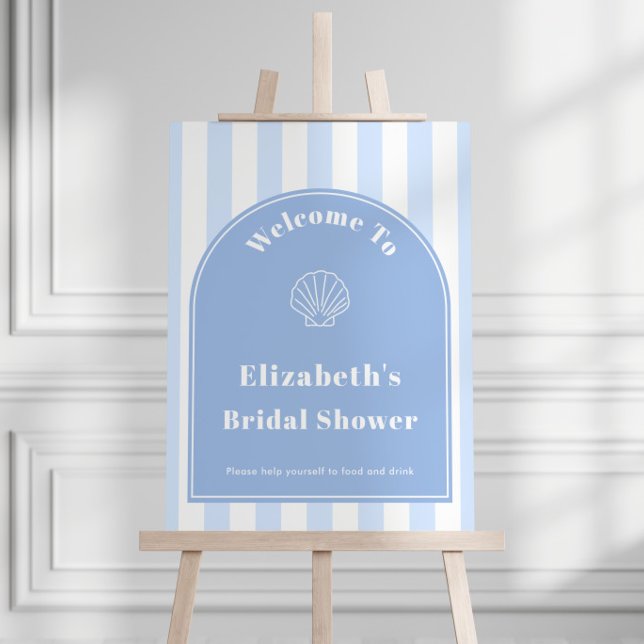 Modern Arch Coastal Bridal Shower Welcome Sign (Coastal pale blue and white stripes seashell bridal shower welcome sign with arch)