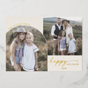 Modern Arch   Cream Foil 3 Family Photos Holiday Card