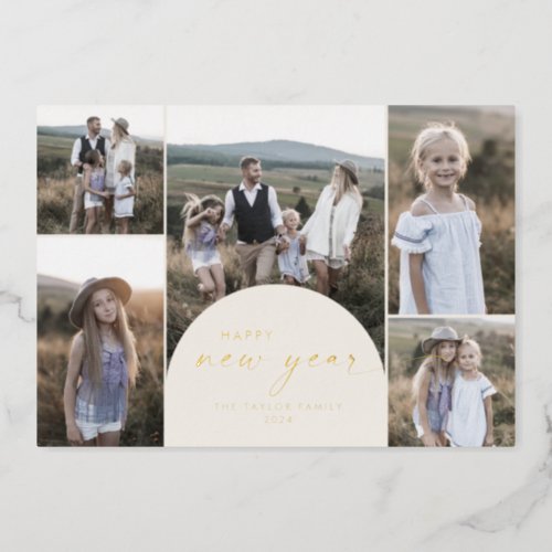Modern Arch Cream Foil Multi Photo Family New Year Foil Holiday Card