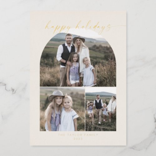 Modern Arch  Cream Foil Photo Collage Family Foil Holiday Card