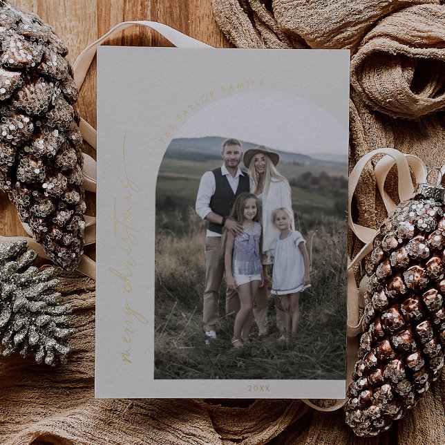 Modern Arch Cream Gold Foil Merry Christmas Photo Foil Holiday Card (Creator Uploaded)