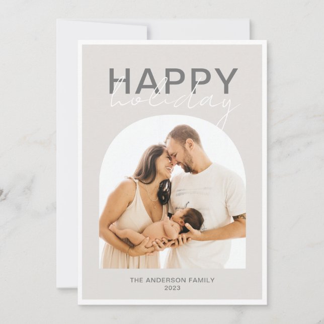 Modern Arch Cream Gray Photo Happy Holiday Card (Front)