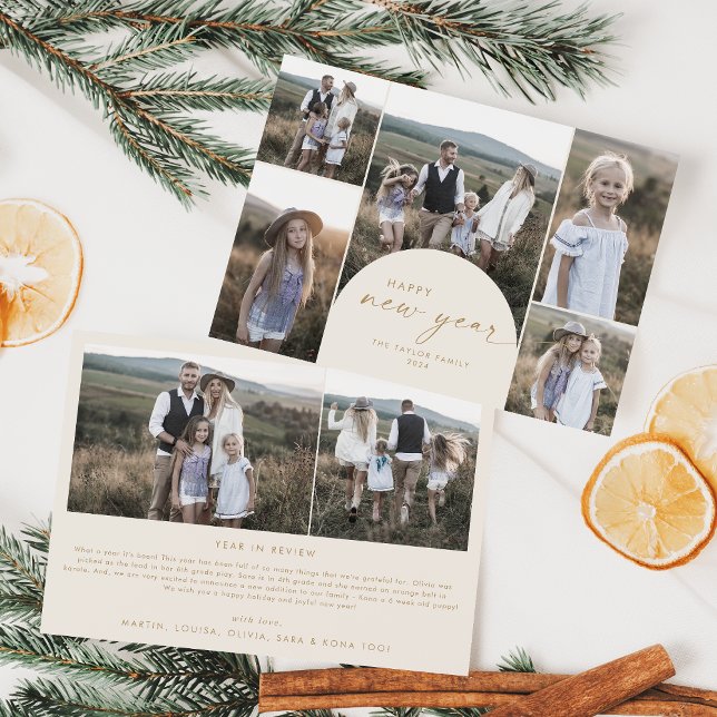 Modern Arch | Cream Multi Photo Family New Years Holiday Card (Creator Uploaded)