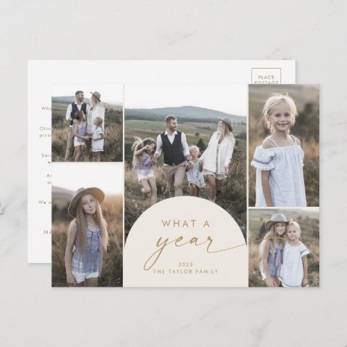 Modern Arch  Cream Multi Photo Family What A Year Holiday Postcard