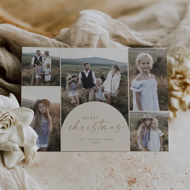 Modern Arch | Cream Multi Photo Merry Christmas Holiday Card (Creator Uploaded)
