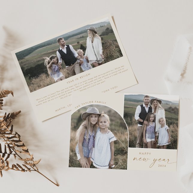 Modern Arch | Cream New Year 3 Family Photos News Holiday Card (Creator Uploaded)