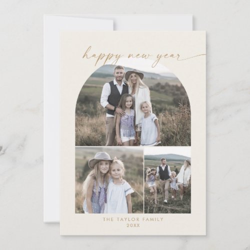 Modern Arch  Cream New Year Photo Collage Family Holiday Card