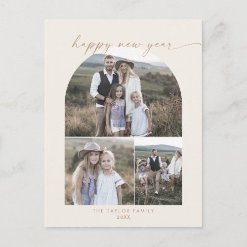 Modern Arch  Cream Photo Collage Family New Years Holiday Postcard
