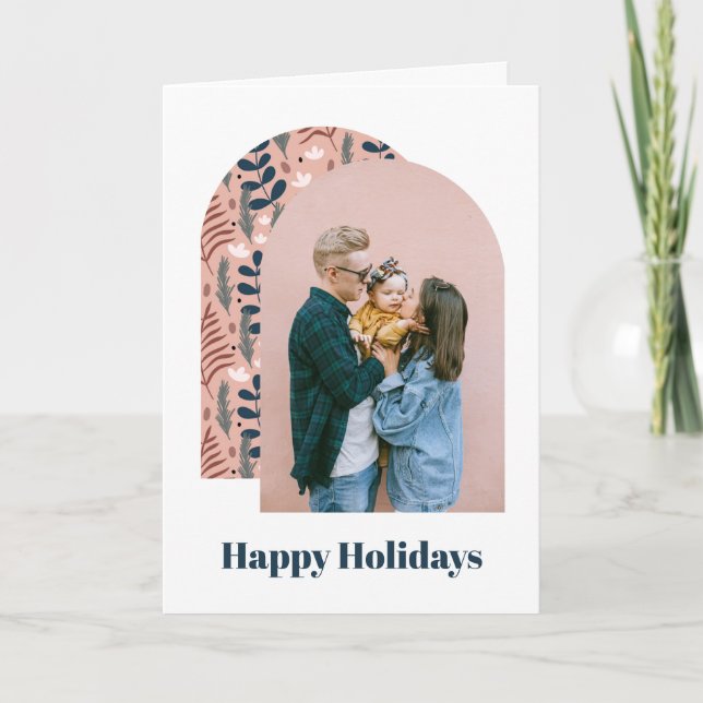 Modern Arch Custom Photo Pink Foliage Holiday Card (Front)