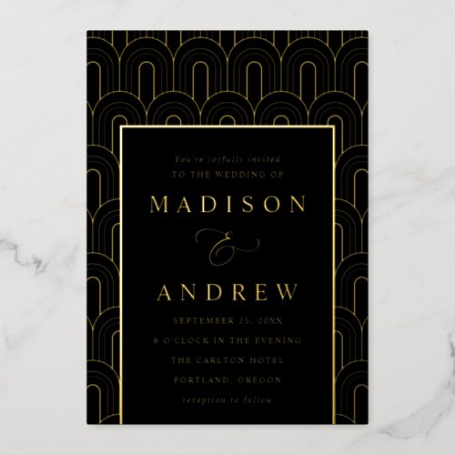 Modern Arch Deco Black and Gold Wedding Foil Invitation