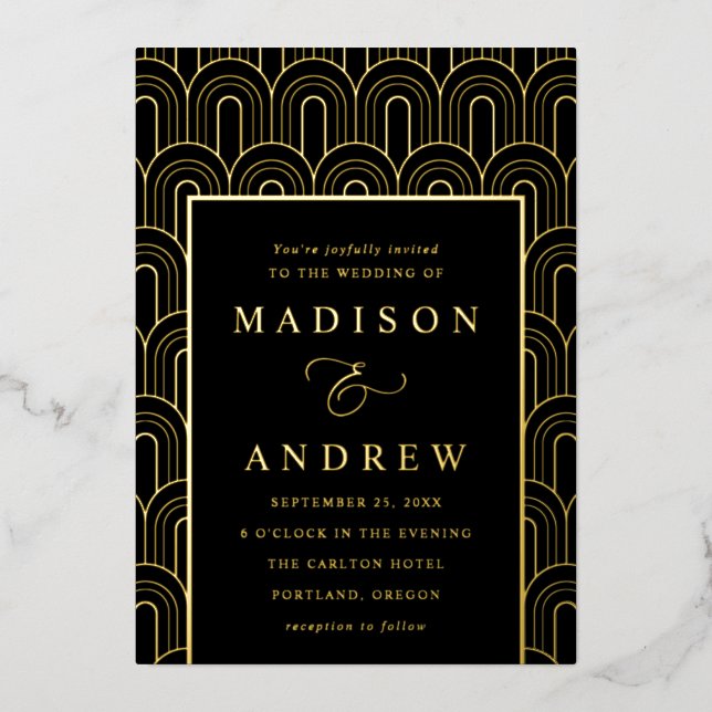 Modern Arch Deco Black and Gold Wedding Foil Invitation (Front)