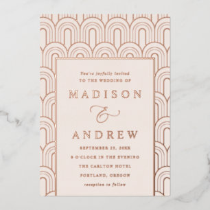 Modern Arch Deco Cream and Rose Gold Wedding Foil Invitation