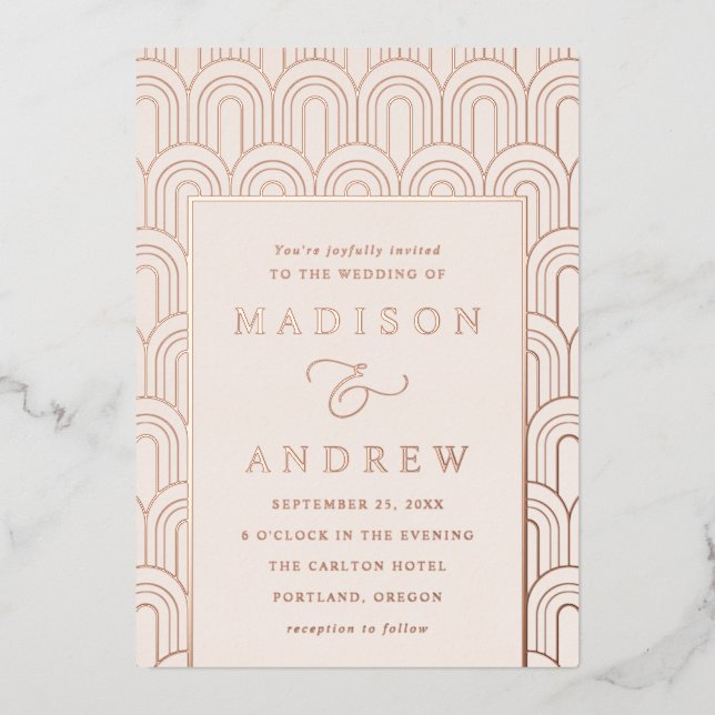 Modern Arch Deco Cream and Rose Gold Wedding Foil Invitation (Front)