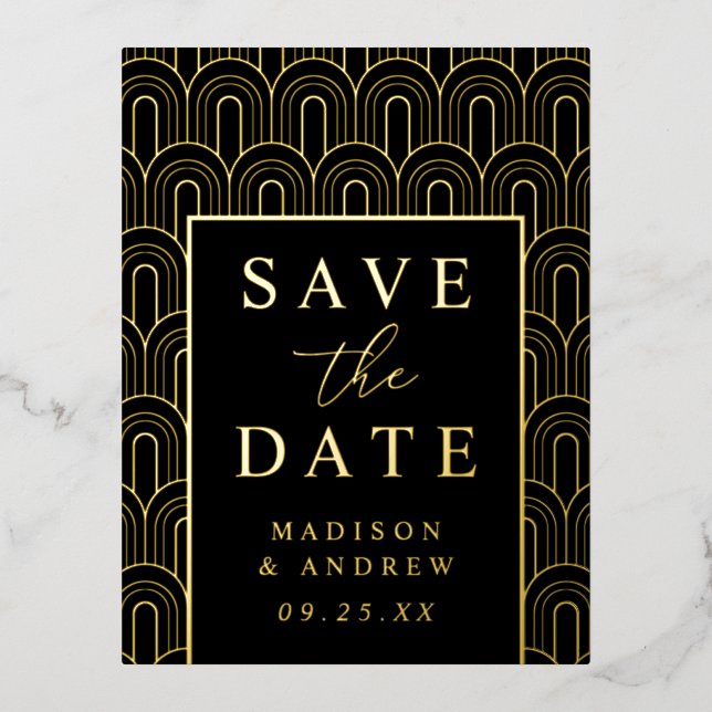 Modern Arch Deco Wedding Save the Date Foil Invitation Postcard (Front)