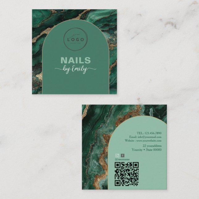 Modern Arch Emerald green and Gold Qr Code Marble  Square Business Card (Front/Back)