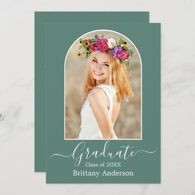 Modern Arch Eucalyptus Green Graduation Party Invitation (Front/Back)