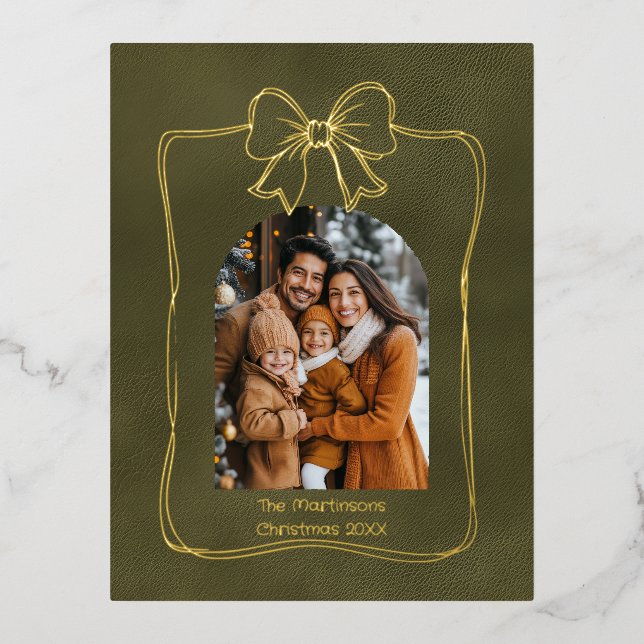 Modern Arch Family Photo and Bow Christmas  Foil Holiday Postcard (Front)