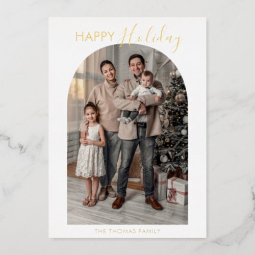 Modern Arch Family Photo Collage Foil Holiday Card