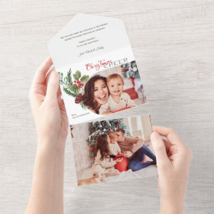 Modern Arch Floral Christmas Cheer Script Photo All In One Invitation