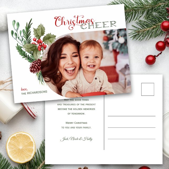 Modern Arch Floral Christmas Cheer Script Photo Postcard (Creator Uploaded)