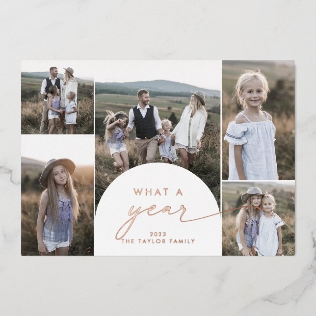 Modern Arch Foil Multi Photo Family What A Year Foil Holiday Card (Front)