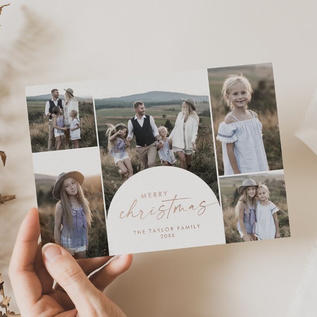 Modern Arch Foil Multi Photo Merry Christmas Foil Holiday Card (Creator Uploaded)