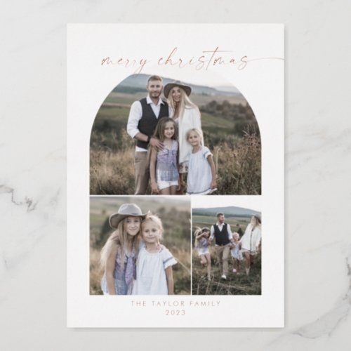 Modern Arch  Foil Photo Collage Family Christmas Foil Holiday Card