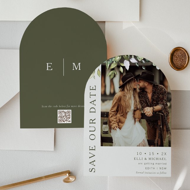 Modern Arch Foliage Wedding Save The Date Card (Greenery Foliage Save The Date Card, Arch Greenery Wedding Save The Date Card, Photo QR code)