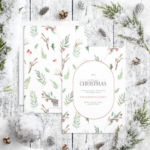 Modern Arch Forest Berry Pinecone Merry Christmas Holiday Card