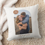 Modern Arch Frame Custom Photo Pillow - Tan<br><div class="desc">Showcase a cherished wedding or family photo with this modern throw pillow,  which features a simple arch frame design. The family name appears just below the photo,  and there is space to add an established date in the upper-left corner.</div>