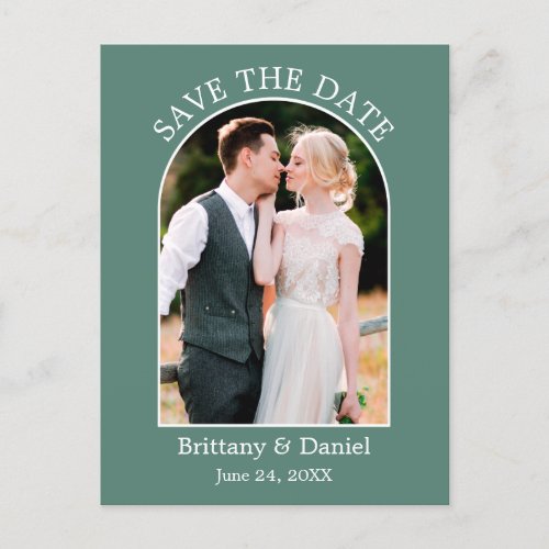 Modern Arch Frame Eucalyptus Green Save The Date Postcard